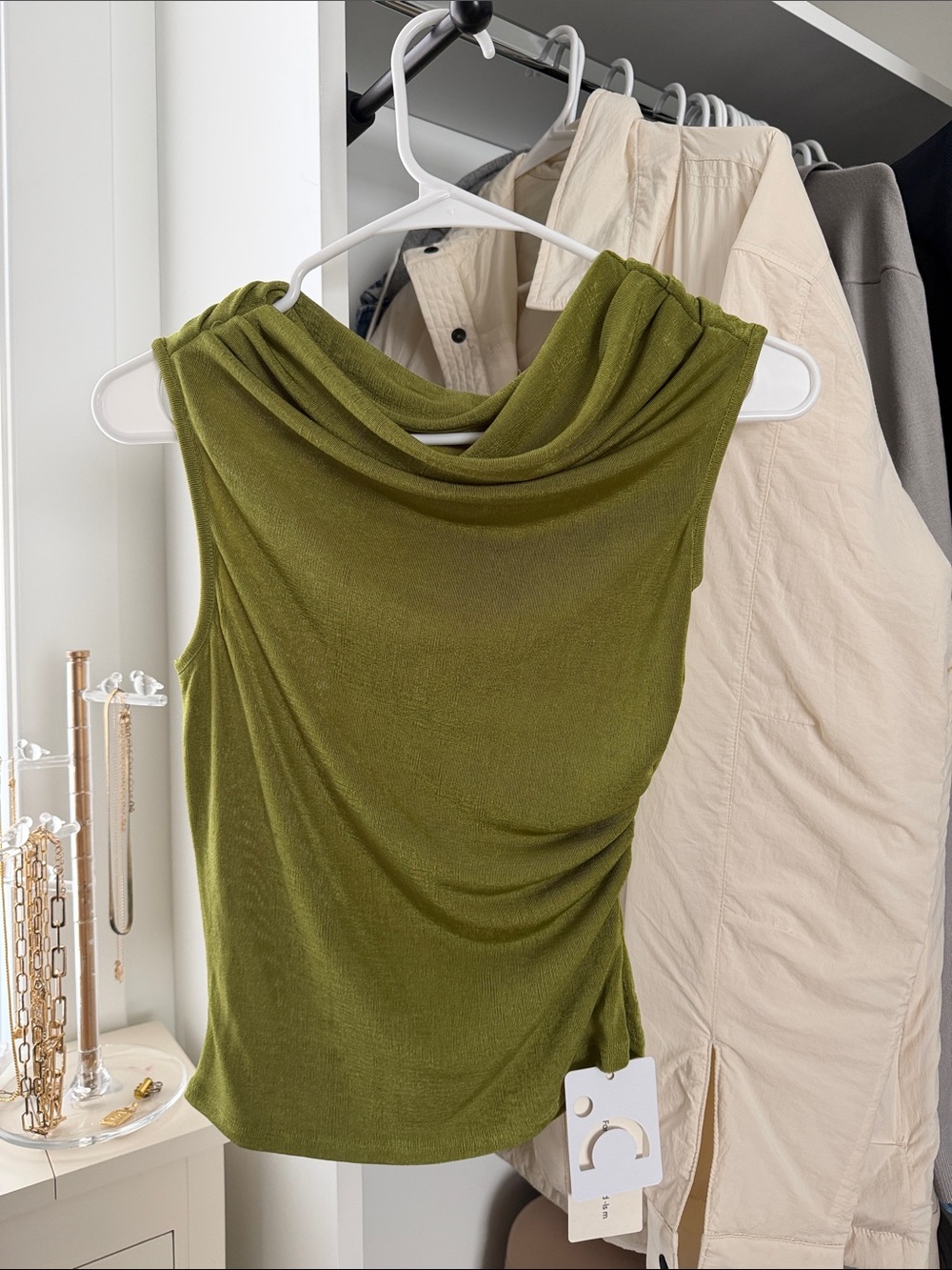 Commense Cold Shoulder Olive Green Draped Cowl Neck Camisole